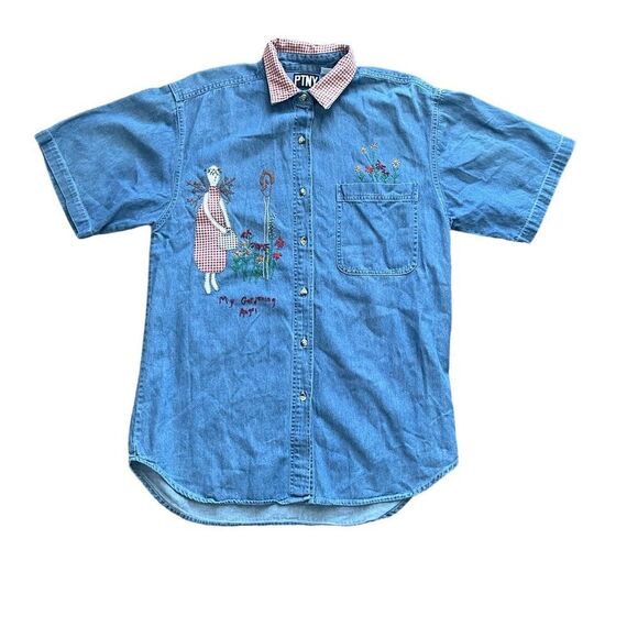 Vintage 90s cottage core garden angel blue Jean button up blouse - Picture 1 of 5
